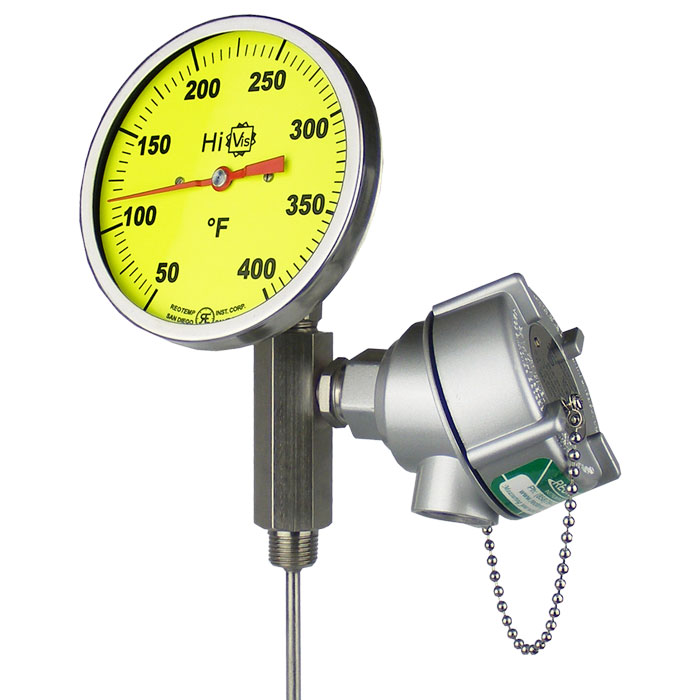 Reotemp 300 Series Dual Mode Thermometer, 5" Dial, Adj. Angle, 1/4" Dia. Stem, Custom 168mm Stem, 0/250°F, RTD 3-wire, 4-20mA Transmitter, Explosion Proof  316 SS Head, 1/2" NPT, Window Glass Lens, HV: Hi-Vis Dial (high visibility) 