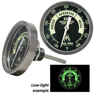 Tel-Tru BQ300 3" Dial Thermometer, Back Connected, 100/500F, 1/2" NPT, 2.5" Stem