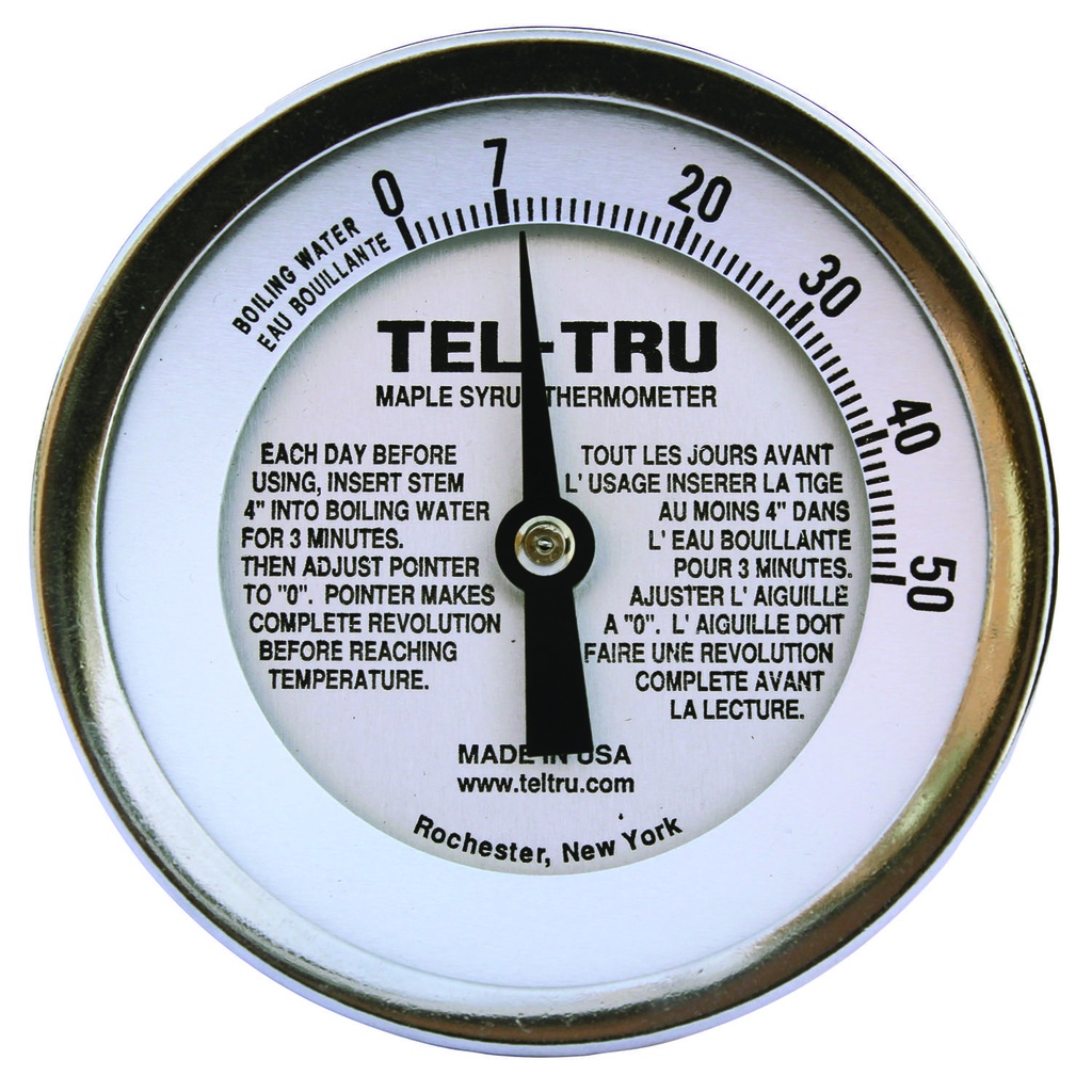 Tel-Tru 5" Dial Thermometer, Back Connected, 0/50 Maple Syrup, 1/4" NPT, 9" Stem