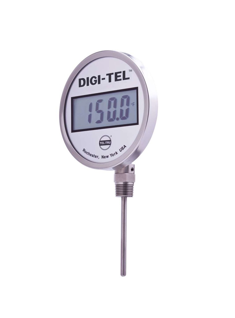 Tel-Tru 5" Digital Thermometer, Bottom Connected, -75/750F, 1/2" NPT Union, 3.5" Stem