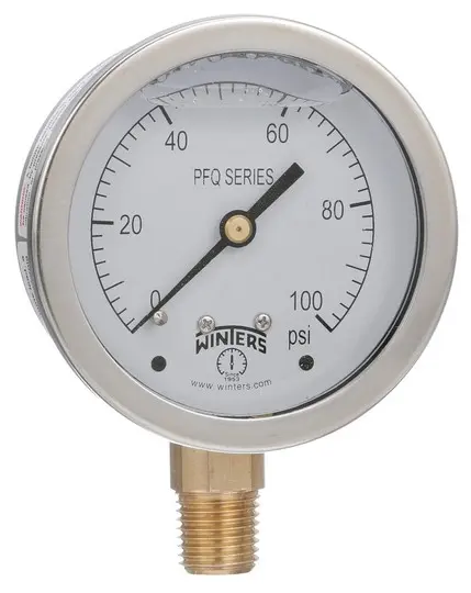 Winters PFQ-LF (Lead Free) Series Liquid Filled SS Case Pressure Gauge, 2.5" Dial, 0 to 30 PSI/kPa, 1/4" NPT Brass Lower Mount