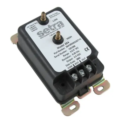 Setra Model 264 Transmitter, 15" H2O, 1/4" NPT, 4-20mA Output, 3/16” O.D. Barbed Brass Connectors for 1/4” Push On Tubing