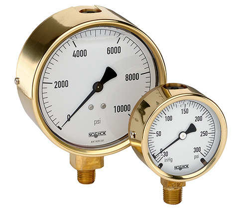NoShok 300 Series Pressure Gauge, Brass Case, Liquid-Filled