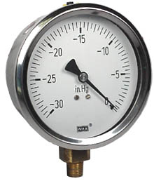 [9699028] Wika 213.53 Series Glycerin/Water Filled Industrial Pressure Gauge, 4" Dial, -30 inHg to 0 psi, 1/4" NPT Brass Lower Mount