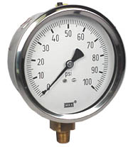 [9699125] Wika 213.53 Series Glycerin Filled Industrial Pressure Gauge, 4" Dial, 0 to 100 PSI, 1/4" NPT Brass Lower Mount
