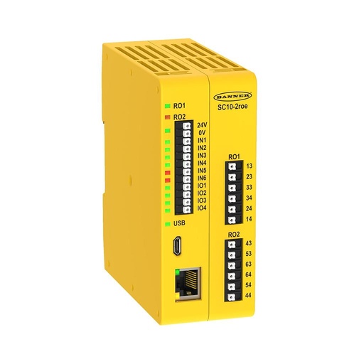 [806222] Banner Safety Controller; ISD Compatible (2 ISD Chains) 10 Inputs 2 Relay Outputs (3 NO, 6 A each); Terminal LEDs; 4 Convertible Inputs; Push-In Spring Clamp Terminals; 24 V dc; 240-580 mA (SC10-2roe)