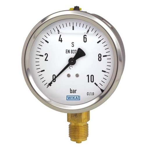 [52888517] Wika 213.53 Series Glycerin Filled Industrial Pressure Gauge, 4" Dial, -30 inHg to 300 psi (kPa), 1/4 NPT Brass Lower Back Mount, Panel Mount w/SS U-Clamp