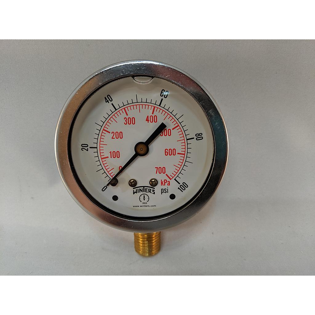 [PFQ804] Pressure Gauge, 63mm dial size, 1/4" NPT bottom, 0-100PSI/kPa, Liquid