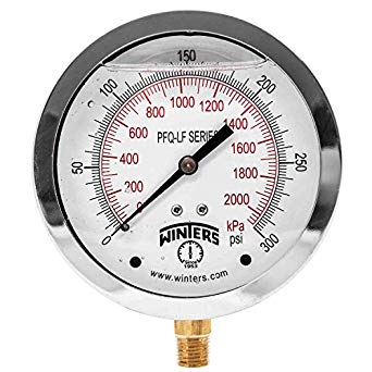 [PFQ714] PFQ Series Pressure Gauge, 4" Dial, 1/4" Male Brass Lower Connection, 0-300 PSI/KPA, SS Case, Liquid Filled