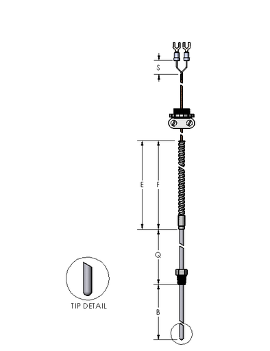 [23DJHGD060C] Watlow 23 Series Style Type J Thermocouple, .188" dia x 2" immersion length, Grounded, 60" leads/armor length w/#6 spade lugs