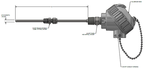 [J48U-008-12B-8HN31] TYPE J THERMOCOUPLE, 1/4" X 8", 1/2"SS THREAD WITH HEAD