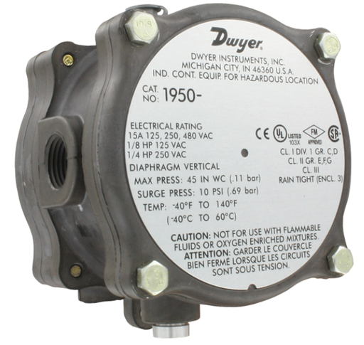 [1950-20-2F] Differential Pressure Switch, Range 4-20" w.c., Flurosilicone Diaphragm Material