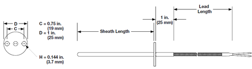 [25DJSUF024F] Watlow Sensor Style 25 Flange Mount Type J T/C, 3" Sheath, 24" Fiberglass Leads w/SS Overbraid, Mini Plug