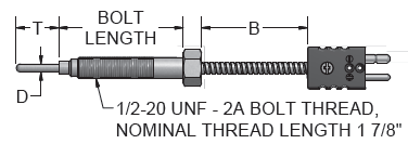 [JFMB36-04-F1A006-4] PYROMATION MELT BOLT THERMOCOUPLE, 3/16" DIA, 6" PROBE, 1/4" TIP, 6" FIBERGLASS LEADS W/ STANDARD PLUG