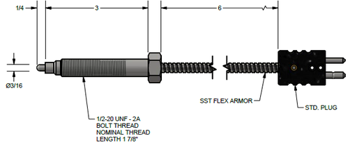 [J48U-006-00-19-F1B072-0] PYROMATION MELT BOLT THERMOCOUPLE, 3/16" DIA, 3" PROBE, 1/4" TIP, 6" FIBERGLASS LEADS/SSFLEX ARMOR  W/ STANDARD PLUG