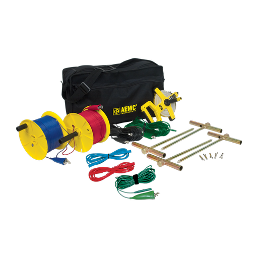 [2135.37] AEMC Test Kit for 4-Point Testing, Kit (Carrying Bag, [2] 500 ft Color-coded Leads on Spools (Red/Blue), [2] 100 ft Color-coded Leads (hand tied-Green/Black), [1] 30 ft Lead (Green), [2] 5 ft Color-coded Leads (Red/Blue), [4] 14.5" T-shaped Auxiliary GroundElectrodes, [1] Set of 5, Spaded Lugs and [1] 100 ft AEMC® Tape Measure)