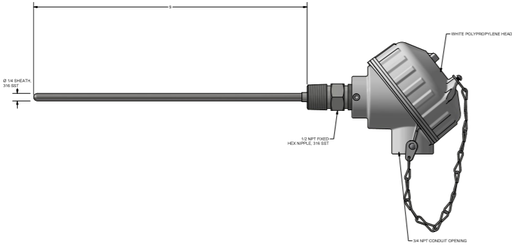 [RBF185L483-009-00-8HN63] Pyromation Fixed-Sheath RTD, Single 3-Wire, 1/4" OD, 9" SS Sheath, PP Head