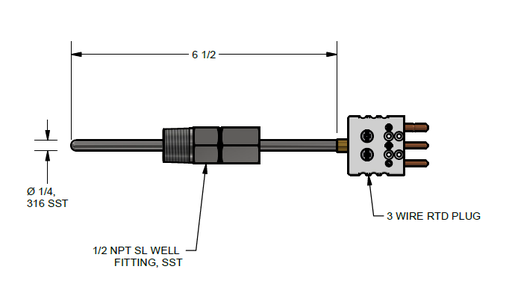 [R1T185L483-006(1/2)-19C-4] Pyromation Fixed-Sheath RTD, Single 3-Wire, 1/4" OD x 6.5" SS Sheath