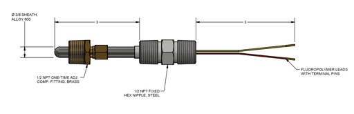 [JFMB36-04-F1A006-4] TYPE J THERMOCOUPLE, UNGROUNDED, 3/8" DIAMETER, 3" SHEATH, 1/2"NPT BRASS COMPRESSION FITTING, 3" LEADS W/TERMINAL PINS