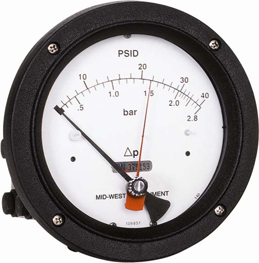 [140SA-08-OO / 0-50 PSID] Mid-West 140 SS Differential Pressure Gauge, 4.5" dial, 0 to 3000 psig (0 to 50 psid), 1/4 NPTF End Mount