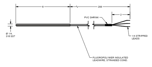 [T31-385U-S(0-600)F] 100 OHM PT RTD 3 WIRE, 6" PROBE, 288" leads