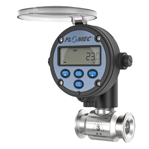 [GSCPS-200-RT14] Flomec GSCPS Series Turbine Flow Meter, 2" & 2" Tri-Clamp, Battery Powered Display, 3A Food Grade, Stainless Steel Body for Food Processes
