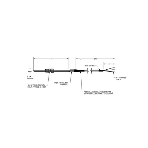 [R1T185H483-006-05B-15-F3B240-2] Pyromation RTD Assembly, Single 3-Wire, 1/4" OD x 6" Sheath, 20' Fiberglass Leads (2" Split, 1/4" Stripped) w/Relief Spring