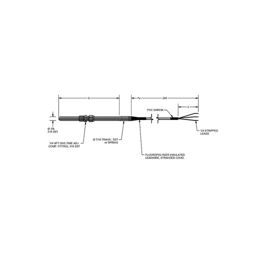 [R1T185H483-006-05B-15-T3240-2] Pyromation RTD Assembly, Single 3-Wire, 1/4" OD x 6" Sheath, 20' FPM Leads (2" Split, 1/4" Stripped) w/Relief Spring