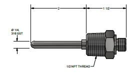 [J48G-006-12BL-15-F3A060-2] Water Tight RTD Assembly 1/4" dia, 2" Immersion Length, 1/2"NPT Process Connection