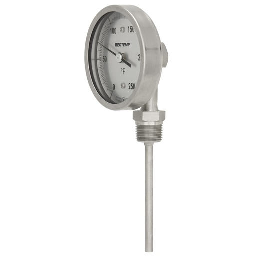 [XR0901F67-SG] ReoTemp Bimetal Dial Thermometer, 3" Dial, Bottom Conn./Reset, 9" Stem, 1/2" NPT, 50/500°F, Laminated Safety Glass
