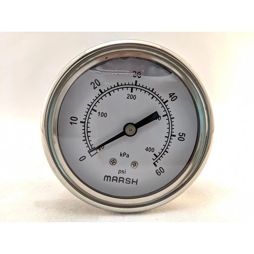 [J7248P] SEVERE SERVICE PRESSURE GAUGE, 0-100 PSI, 63MM, 1/4"CBM, U-CLAMP, SS CASE, COPPER ALLOY INTERNALS, LIQUID-FILLED
