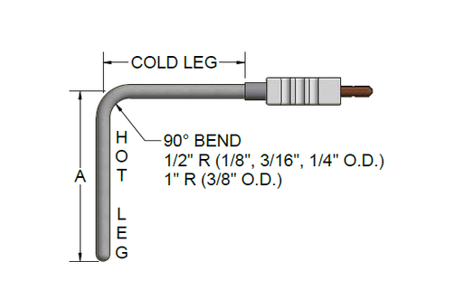 [R1T185L483-040-12C,336-19-T3A120-012-0] Pyromation RTD Assembly, Single 3-Wire, 1/4" OD x 40" Sheath, Bent 90° (36" Hot/4" Cold), 12" FPM Leads w/o Spring or Heat Shrink