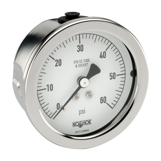 [25-510-30-vac-SPMC] 500 Series Stainless Steel Liquid Filled Pressure Gauge, 0 psi to 30 psi, 304SS Panel Mount Clamp