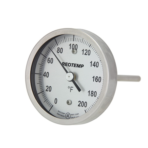 [AA0601F39] ReoTemp Bimetal Dial Thermometer, 3" Dial, Back Conn./Reset, 6" Stem, 1/2" NPT, 0/150°F