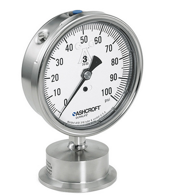 [35-1032SL-20L-30#] 3.5" Ashcroft Type 1032 Sanitary Pressure Gauge 304SS Case, USP Food Grade Glycerin Filled, 2" Tri-Clamp® Lower Connection, 30PSI, 316SS Diaphragm, Tube and Socket, 3A Compliance to Sanitary Standard 74-02