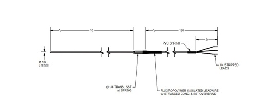 [RAF185L283-010-00-15-T3B180-2] Pyromation RTD Assembly, Single 3-Wire, 1/8" OD x 10" Sheath, 15' FPM Leads (2" Split, 1/4" Stripped) w/Relief Spring