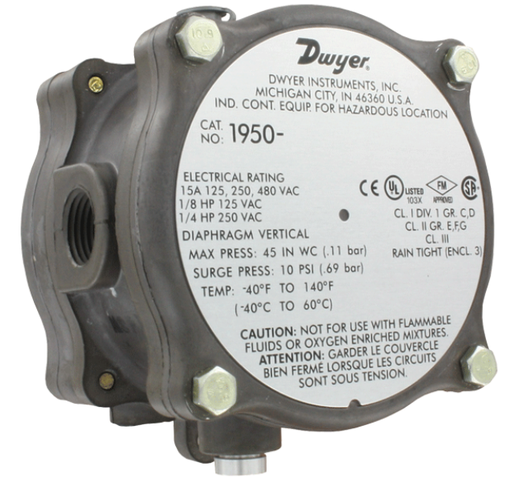[1950-5-2F] 1950 Series Differential Pressure Switch, Range 1.4 to 5.5 INCHES H2O, FLUROSILICONE DIAPHRAGM MATERIAL