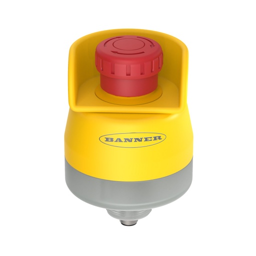 [812825] Banner SSA-EB1 30 mm Mount Emergency Stop Push Button; Green and Red Flash/Solid Illuminated Base; 40 mm Actuator; IP65; Contacts: 2NC/1NO-PNP; 8-pin M12 Integral QD; ESC-1-YW Button Shroud Installed (SSA-EB1PLGRS1-12ECQ8)