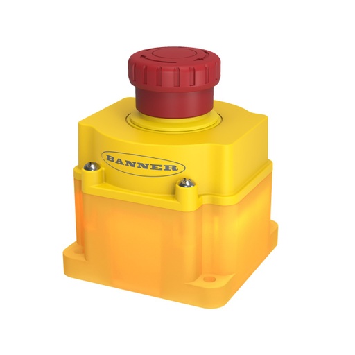 [809270] Banner Emergency Stop with ISD: Flush Mount 40 mm Push Button; Illuminated Color: Yellow/Red Flashing; 2 N.C. OSSD Safety Contacts, IP65; 8-pin M12 QD; Local Reset Input (SSA-EB1PLYR-0DED1Q8R)