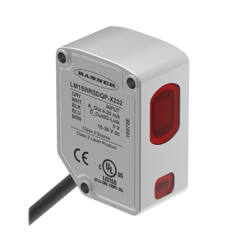 [809721] Banner Laser Displacement Sensor; Range: 50-150 mm; Input: 10-30 V dc; Outputs: Analog: 4-20 mA; 300 mm (1 ft) M12 Pigtail QD; Converter Required for Serial Output (LM150IRSDQP-X232)