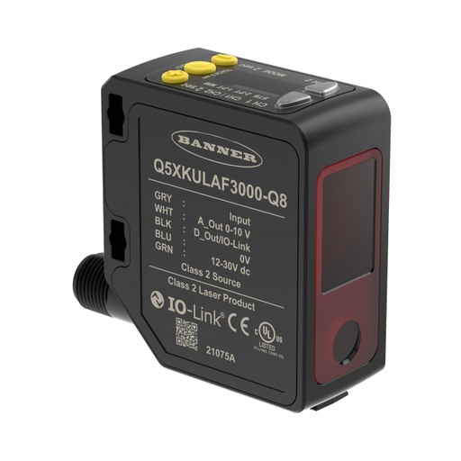 [809367] Banner Q5X Series: Laser Adjustable Field; Range: 3000 mm; Input 12-30 V dc; Analog: 0-10 V dc Discrete: PNP/NPN with IO-Link; 5-pin M12 Integral QD (Q5XKULAF3000-Q8)