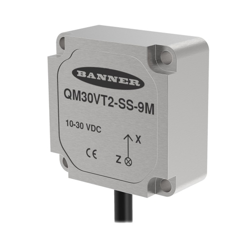 [806274] Banner Vibration and Temperature Sensor; Modbus Slave Device via RS-485; 9.1 m (30.0 ft) Flying Leads; Stainless Steel IP69K Housing (QM30VT2-SS-9M)