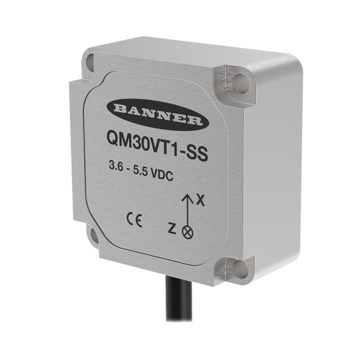 [808649] Banner Vibration and Temperature Sensor; 1-Wire Serial Interface; 2.09 m (6.9 ft) M12 Pigtail QD; Stainless Steel IP69K Housing (QM30VT1-SS)