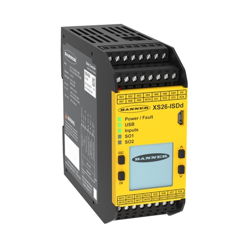[812484] Banner Safety Controller: Expandable; ISD Compatible (8 ISD Chains) 26 Input 2 pairs of PNP Safety Outputs (0.5 A each); Display; Ethernet USB; 8 Convertible Inputs; Removable Screw Terminals 24 V dc; 160 mA (XS26-ISDd)