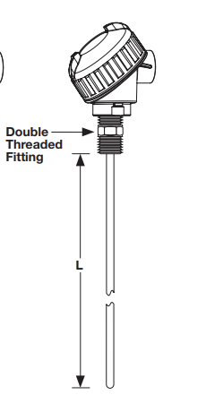 [RRJCF0A040BA000] Watlow RR Style RTD w/Double Fitting, Single 3-Wire, PP Conn. Head, 1/4" OD, 4" SS Sheath, 1/2" NPT Fitting