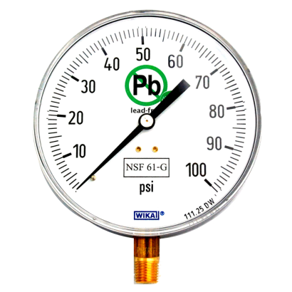 [52571874] Wika 111.25DW Series Drinking Water Pressure Gauge, 4.5" Dial, 0 to 60 PSI, 1/4" NPT Brass Bottom Connection, NSF-61 Lead Free, Dry Case