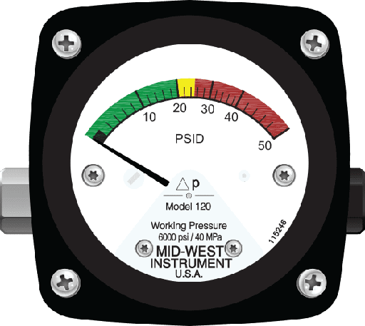 [120AA-00-MO / 0-10 PSID] Mid-West 120 Aluminum Differential Pressure Gauge, 2.5" Dial, 0 to 3000 psig (0 to 10 psid), 1/4 NPTF Back Mount