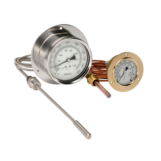 [25-310-1-1-10-2-15-3-2] 300 Series Vapor Actuated Remote Dial Indicating Thermometer, 100-350 °F, 1/2" NPT Union, 15 ft Armored Copper Capillary
