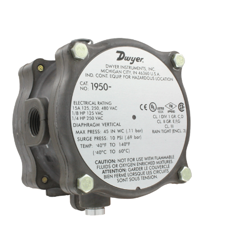 [1950-1-2F] Differential pressure switch, range .4-1.6" w.c., approx. deadband @ min. set point 0.15, approx. deadband @ max. set point 0.20.