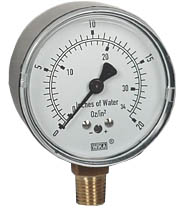 [76285719] Wika 611.10 Series Dry Capsule Pressure Gauge, 0 to 20 oz/in2 (in.WC), 1/4 NPT Brass Lower Mount